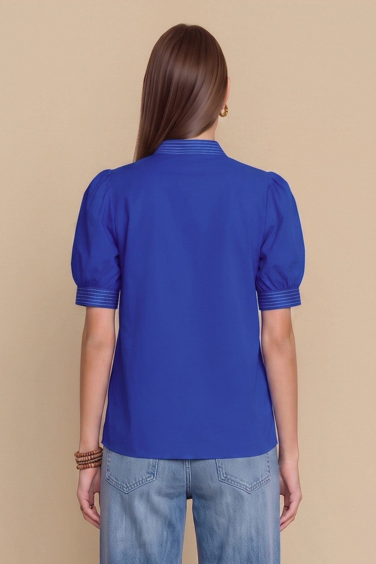 Womens Royal Blue Puff Short Sleeve Blouses | CicyBell
