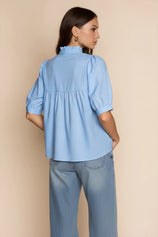 Womens Sky Blue Puff Sleeve V Neck Blouse | CicyBell