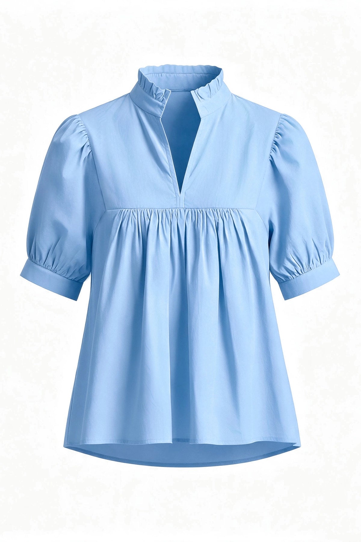 Womens Sky Blue Puff Sleeve V Neck Blouse | CicyBell