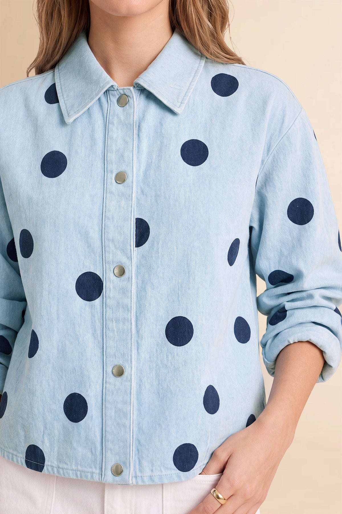 Womens Sky Blue Polka Dot Denim Jacket | CicyBell