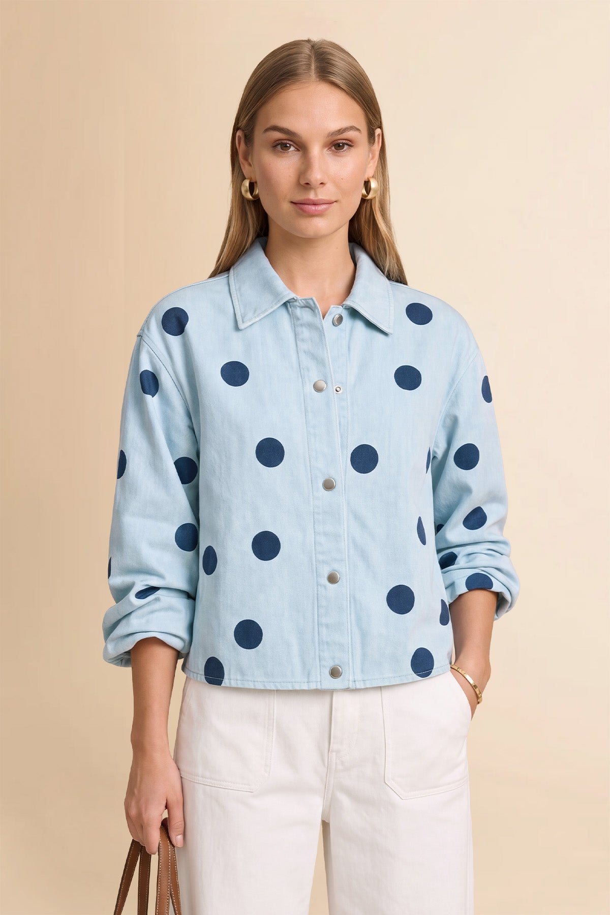 Womens Sky Blue Polka Dot Denim Jacket | CicyBell
