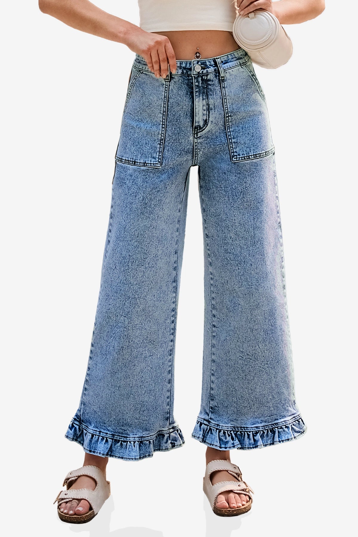 Womens Sky Blue Ruffle Wide Leg Jeans | CicyBell