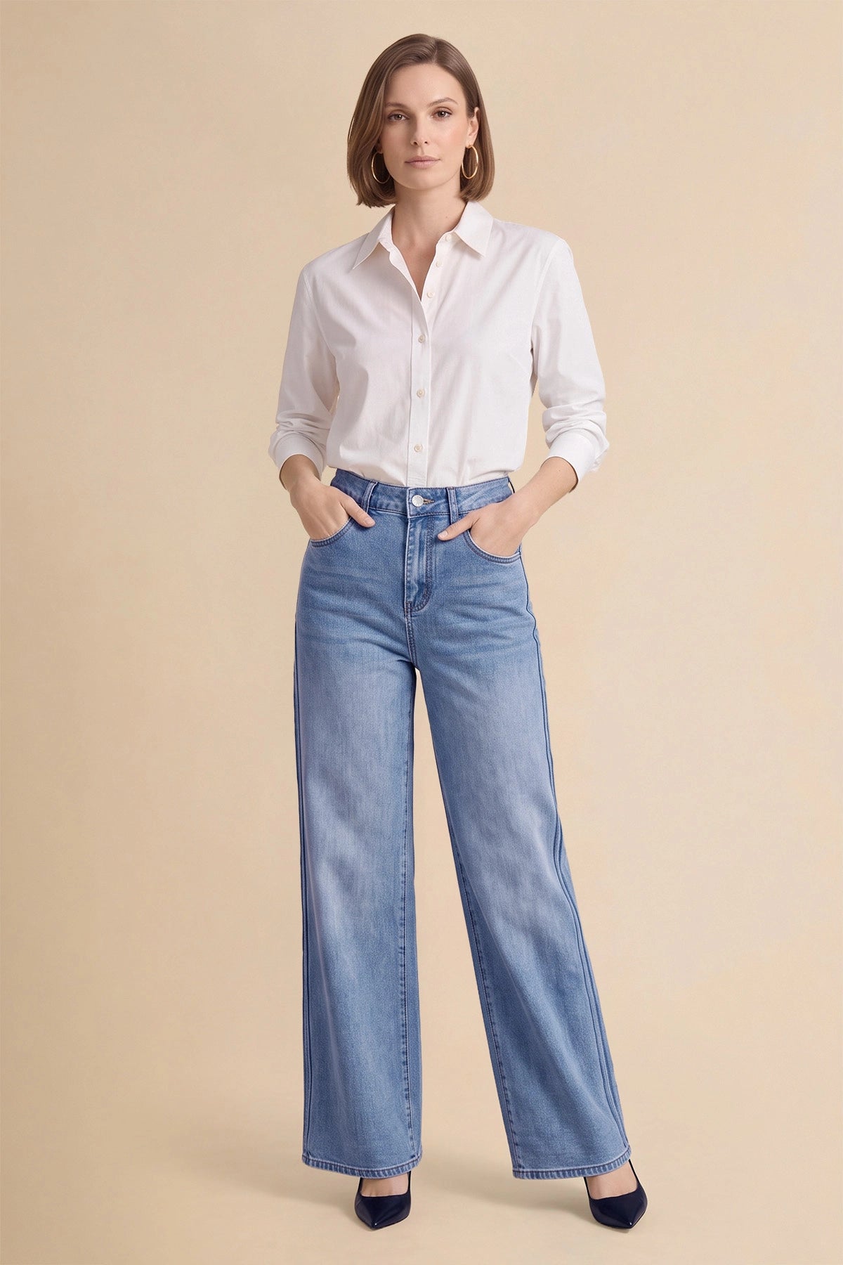 Womens Sky Blue Wide Leg Striped High Waisted Jeans | Cicy Bell