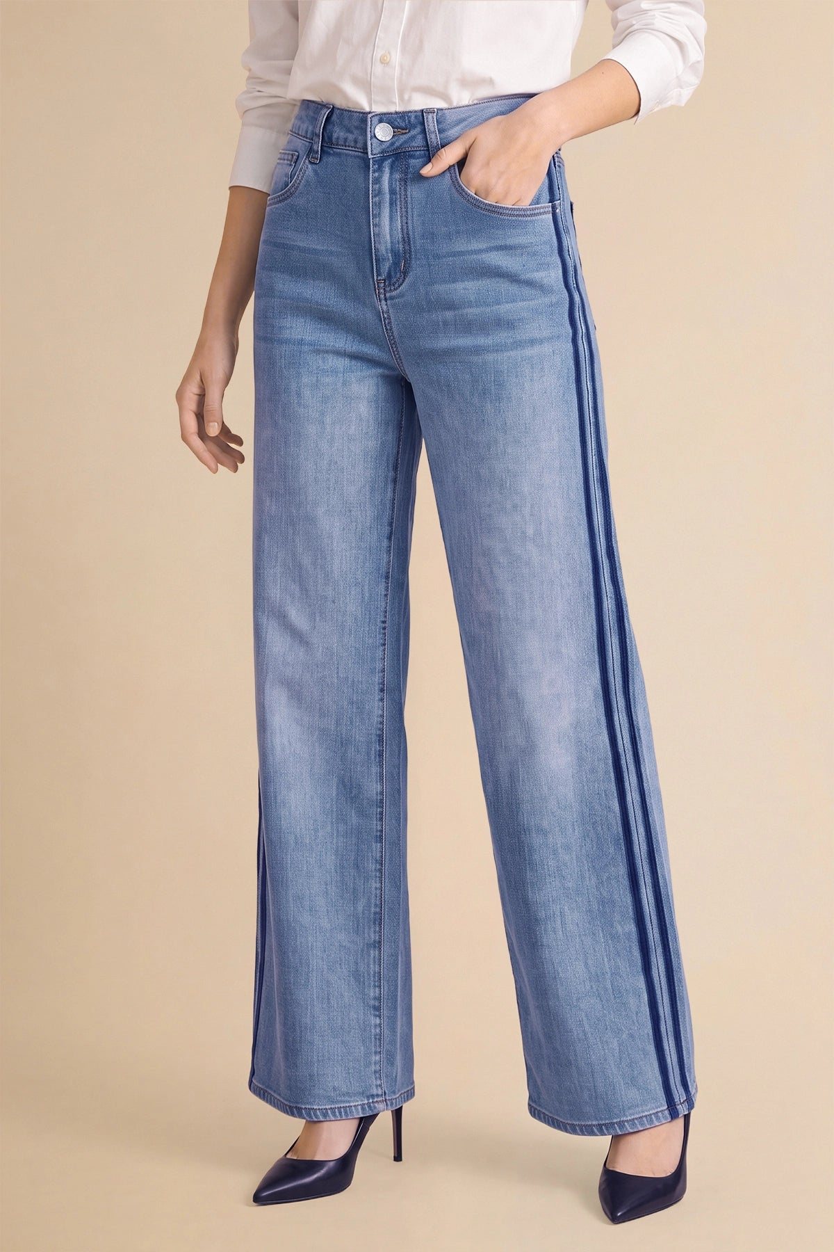 Womens Sky Blue Wide Leg Striped High Waisted Jeans | Cicy Bell