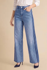 Womens Sky Blue Wide Leg Striped High Waisted Jeans | Cicy Bell
