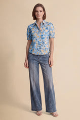 Womens Sky Blue Floral Printed Button Down Shirts | CicyBell