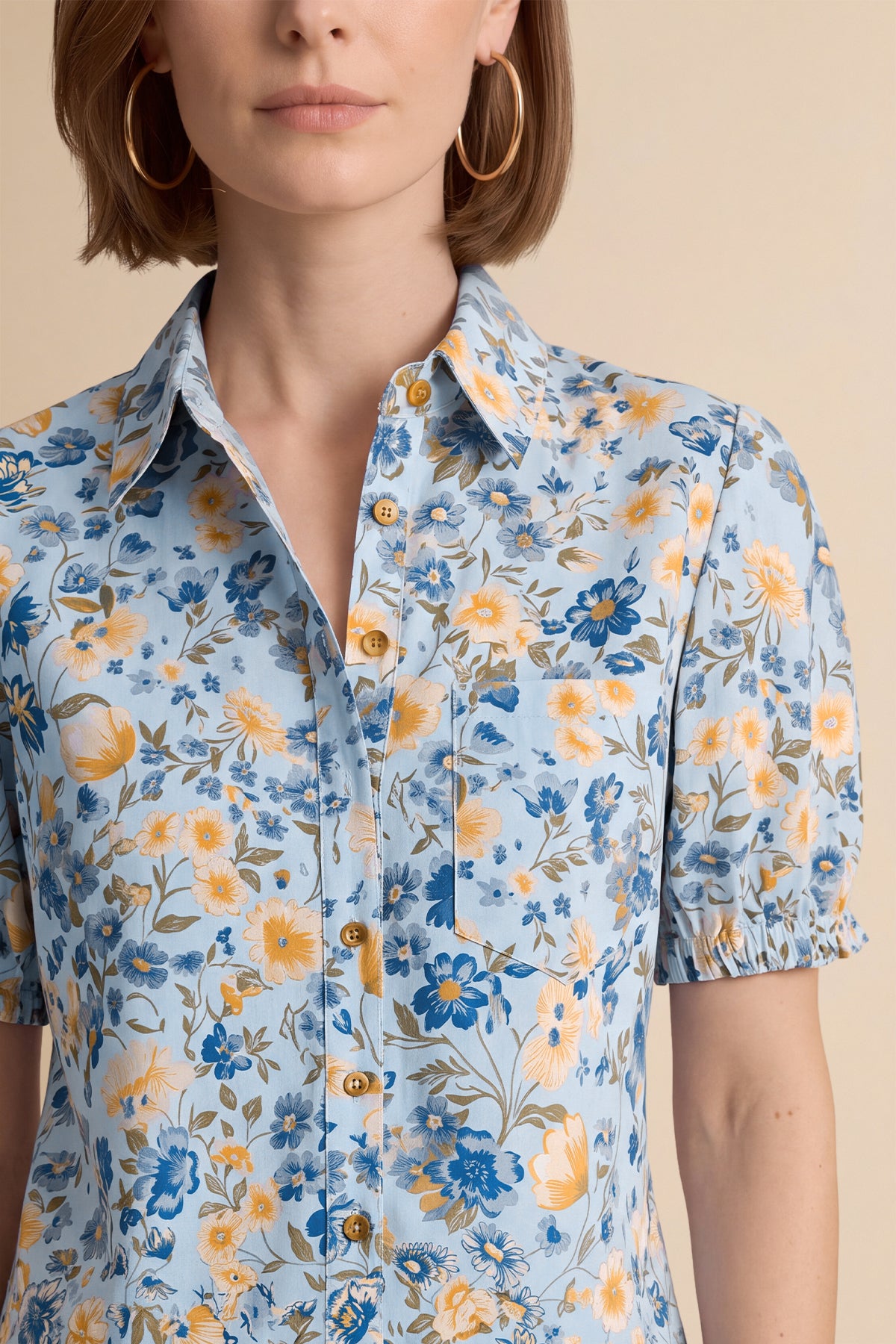 Womens Sky Blue Floral Printed Button Down Shirts | CicyBell