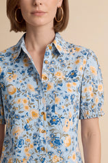 Womens Sky Blue Floral Printed Button Down Shirts | CicyBell