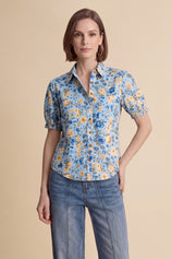 Womens Sky Blue Floral Printed Button Down Shirts | CicyBell