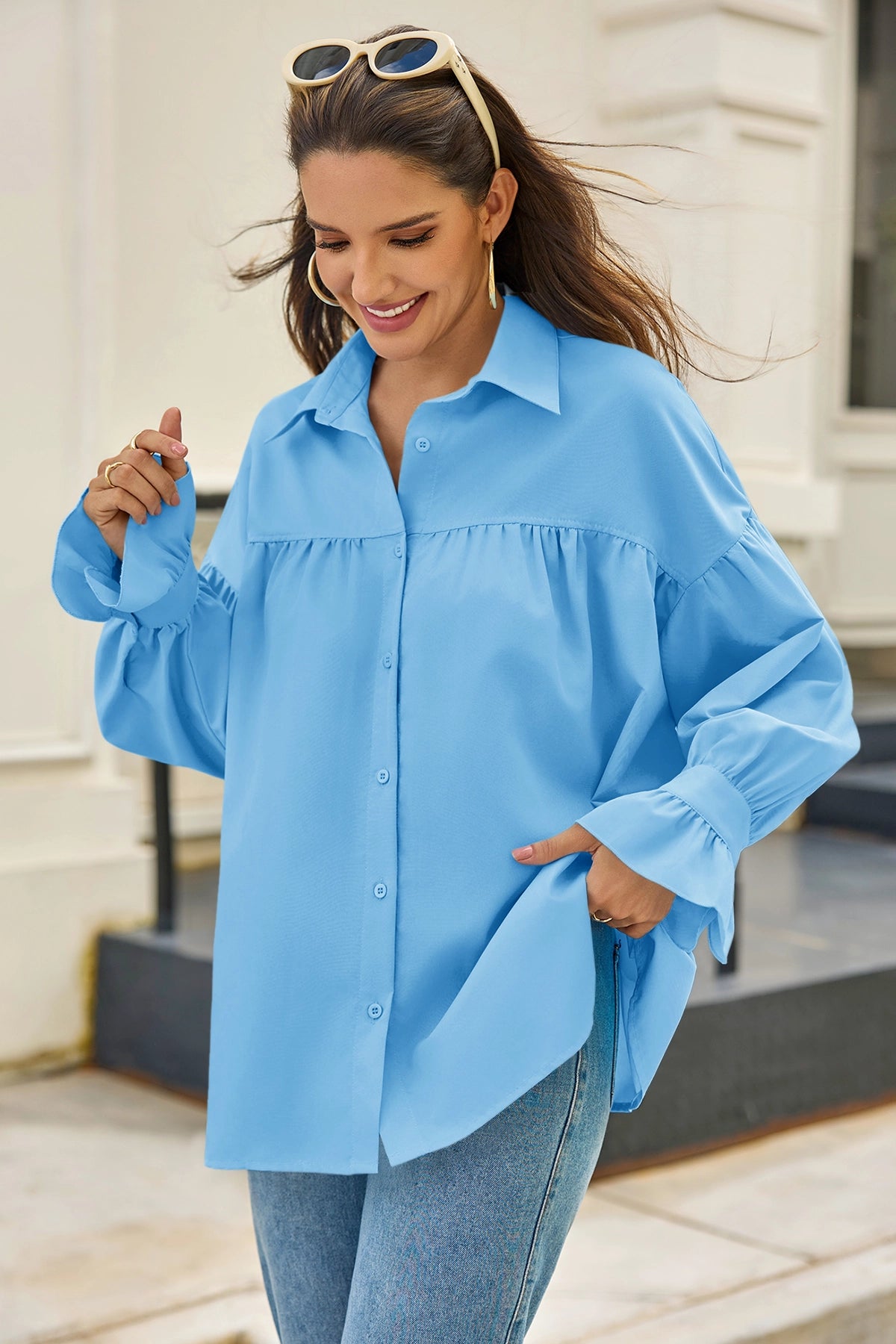 Cicy Bell Womens Sky Blue Oversized Button Down Shirts