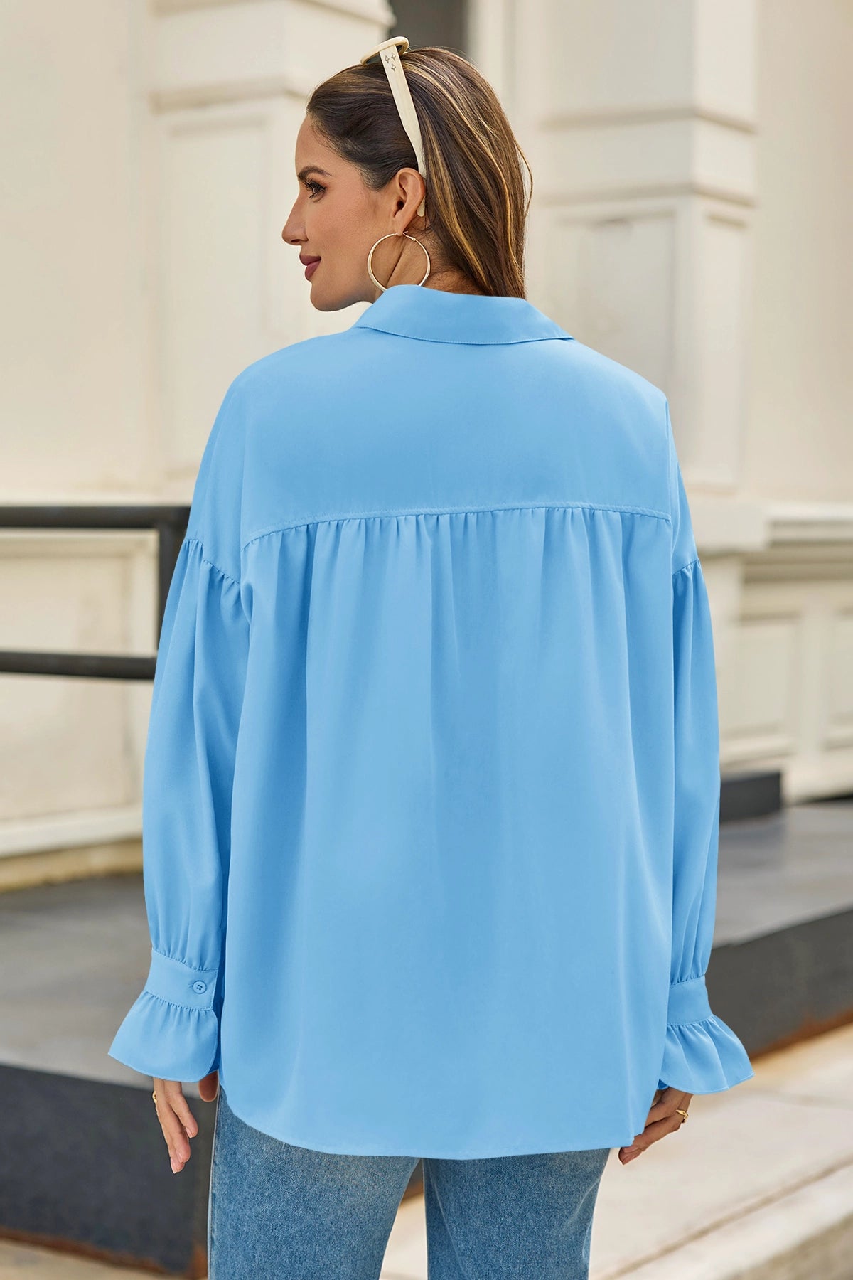 Cicy Bell Womens Sky Blue Oversized Button Down Shirts