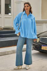 Cicy Bell Womens Sky Blue Oversized Button Down Shirts