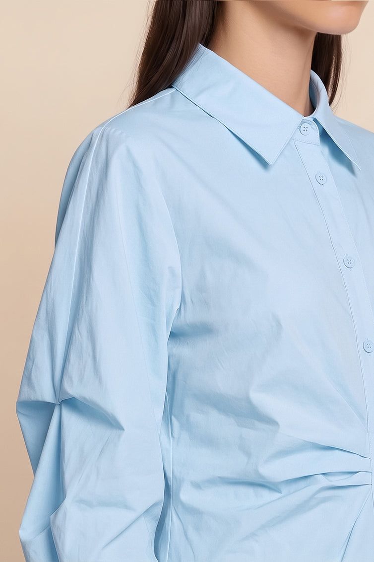 Womens Sky Blue Ruched Button Down Shirts | CicyBell