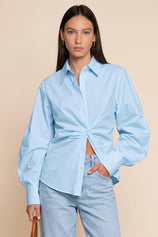 Womens Sky Blue Ruched Button Down Shirts | CicyBell