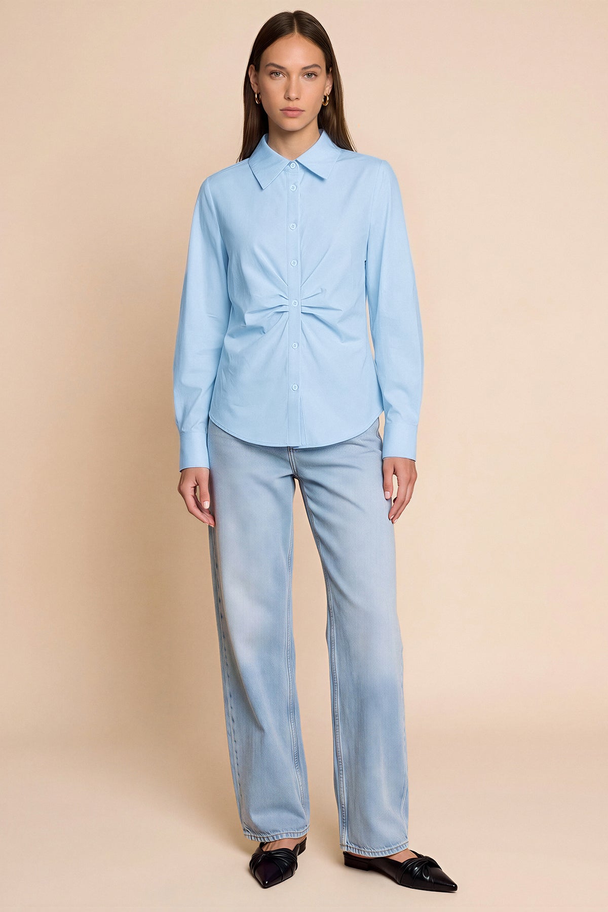 Womens Sky Blue Ruched Button Down Shirts | CicyBell