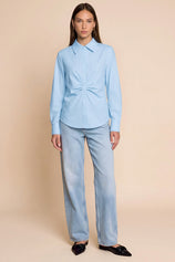 Womens Sky Blue Ruched Button Down Shirts | CicyBell