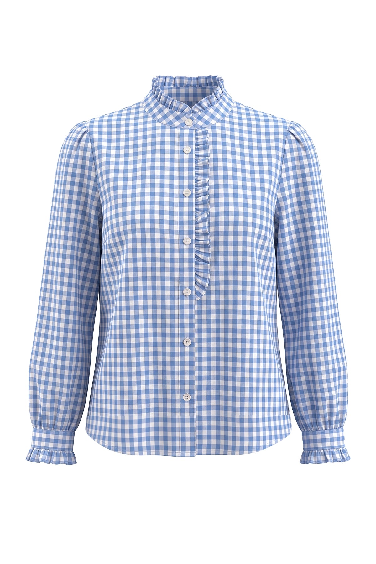 Womens Sky Blue Plaid Ruffle V-Neck Shirts | CicyBell