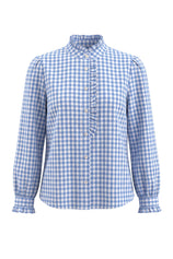 Womens Sky Blue Plaid Ruffle V-Neck Shirts | CicyBell