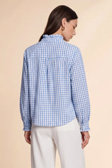 Womens Sky Blue Plaid Ruffle V-Neck Shirts | CicyBell