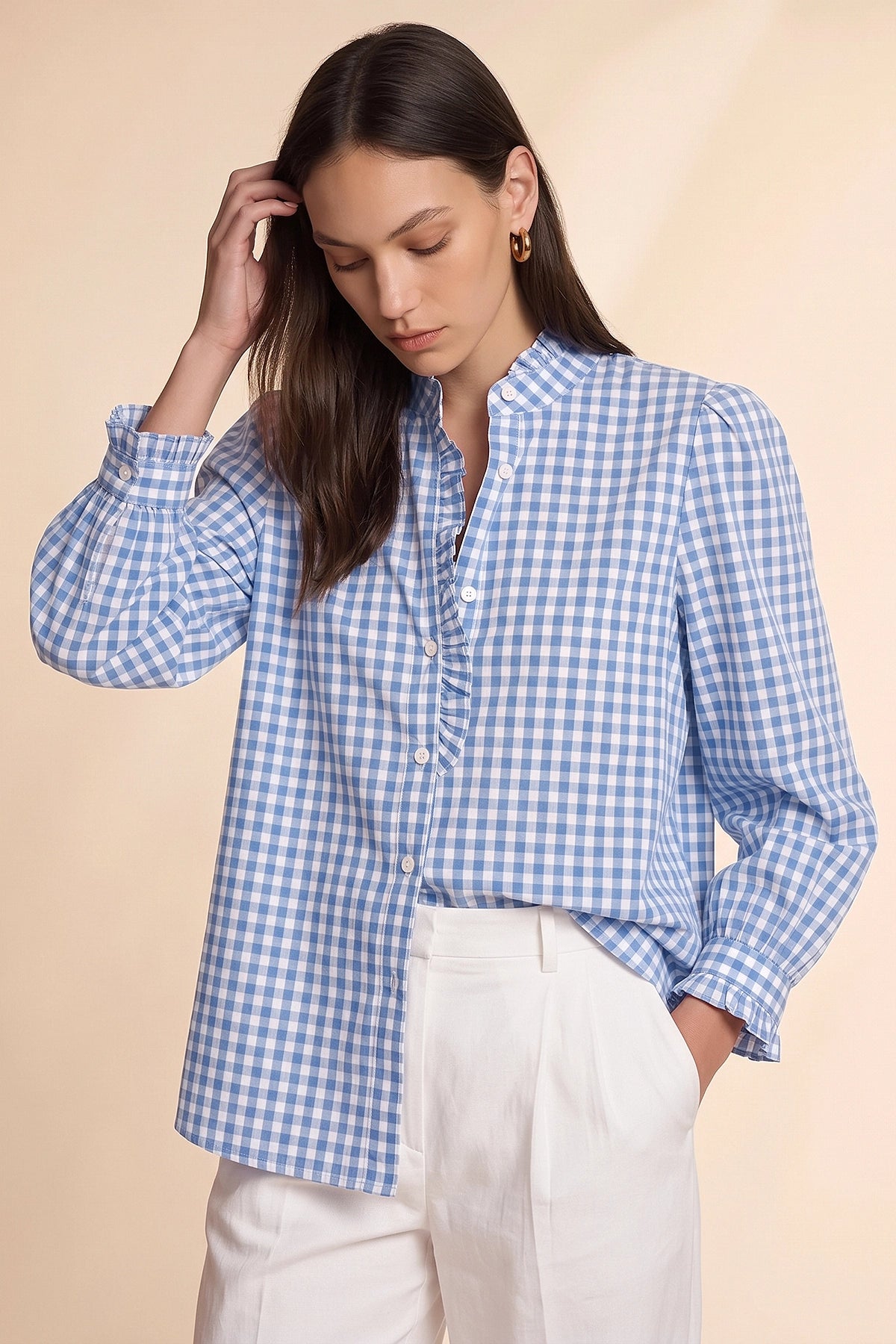 Womens Sky Blue Plaid Ruffle V-Neck Shirts | CicyBell