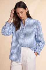 Womens Sky Blue Plaid Ruffle V-Neck Shirts | CicyBell