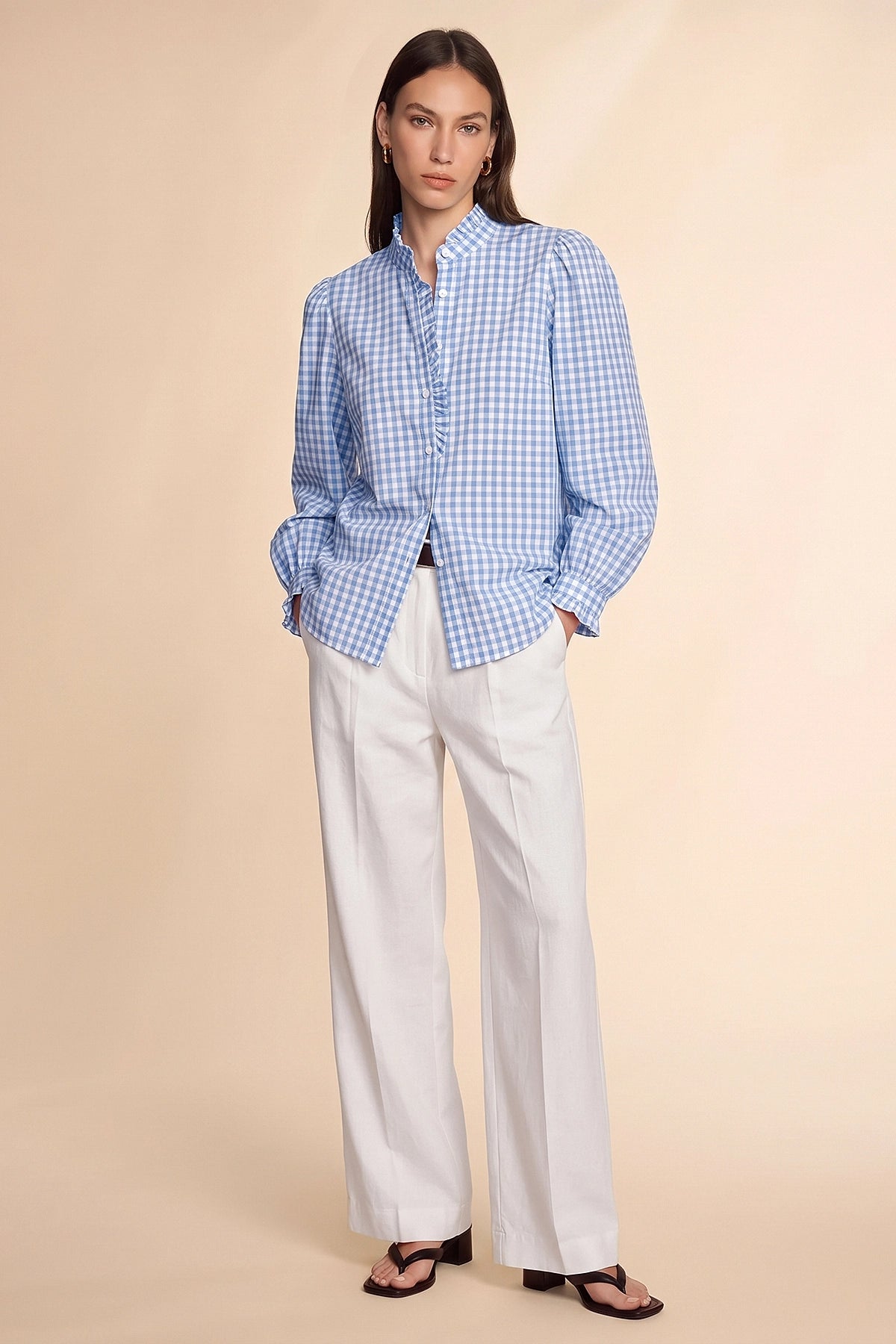 Womens Sky Blue Plaid Ruffle V-Neck Shirts | CicyBell