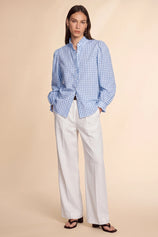 Womens Sky Blue Plaid Ruffle V-Neck Shirts | CicyBell