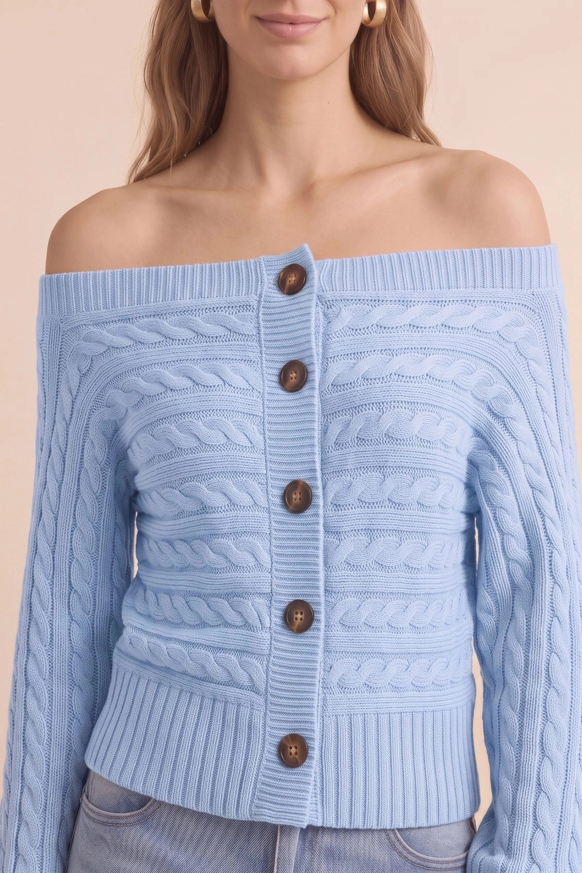 Womens Sky Blue Off Shoulder Cardigan | CicyBell