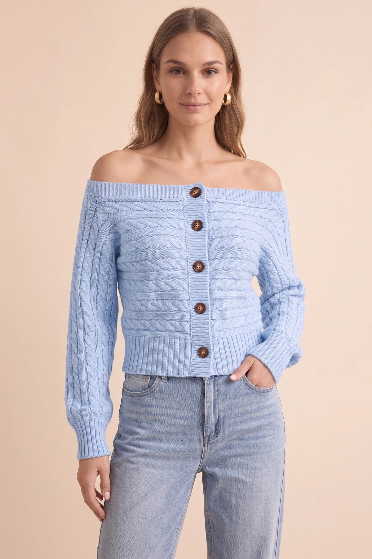 Womens Sky Blue Off Shoulder Cardigan | CicyBell