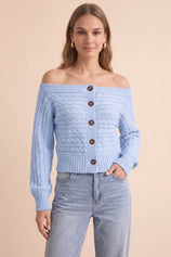 Womens Sky Blue Off Shoulder Cardigan | CicyBell