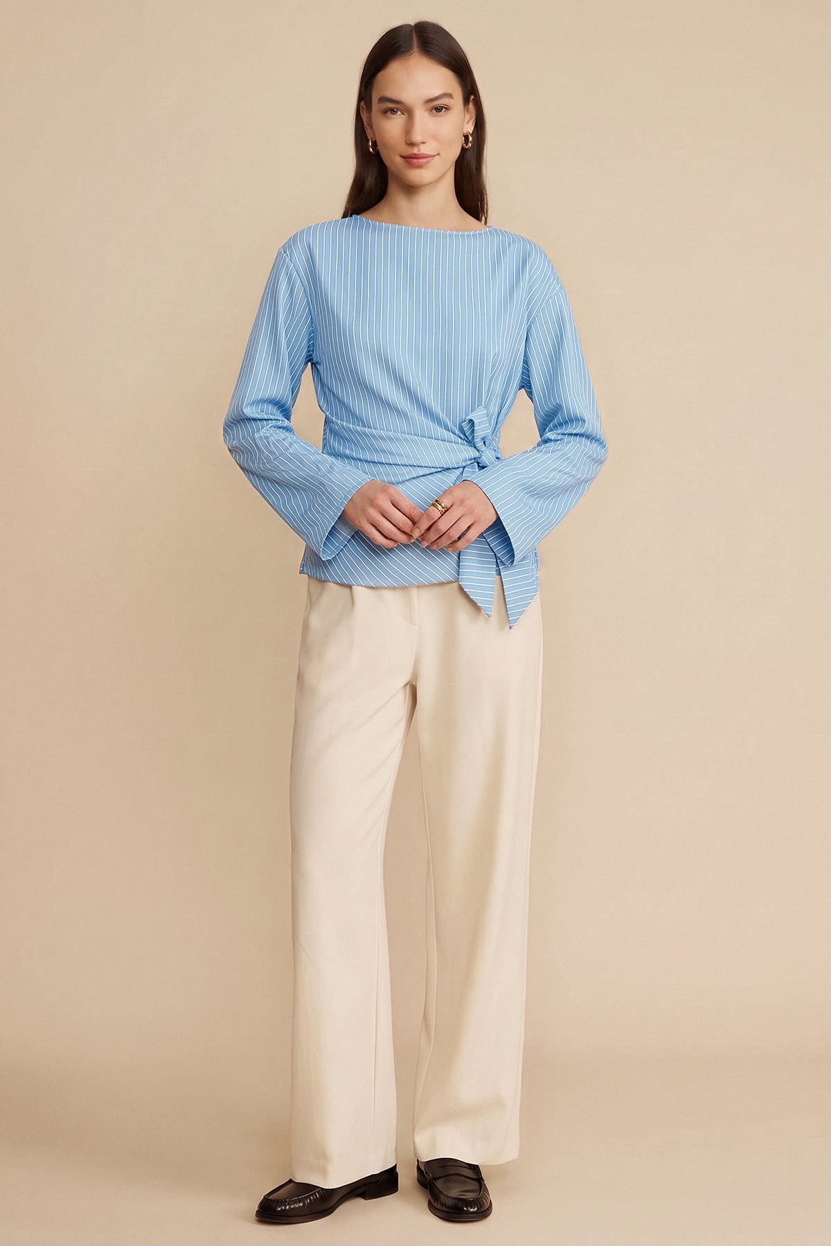 Womens Sky Blue Cinched Waist Wrap Tops | CicyBell