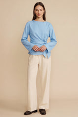 Womens Sky Blue Cinched Waist Wrap Tops | CicyBell