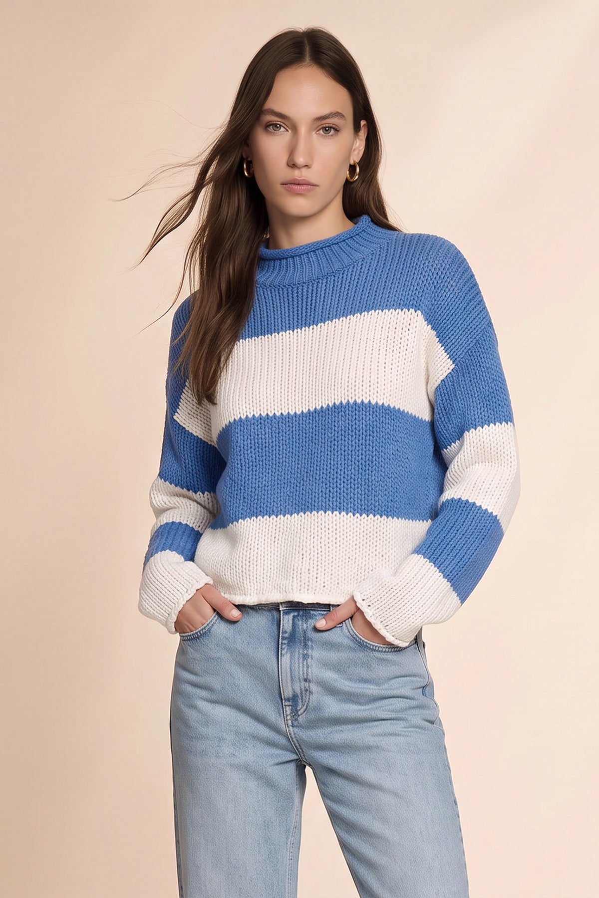 Womens Striped Blue Mock Neck Sweater | CicyBell