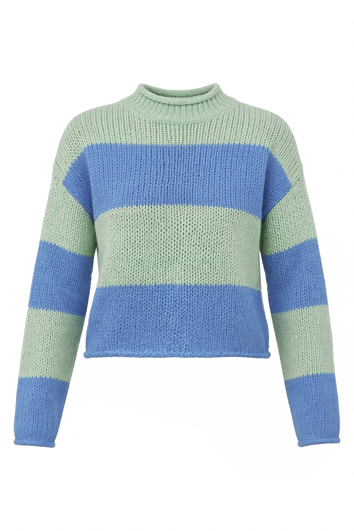 Womens Striped Blue Green Mock Neck Sweater|CicyBell