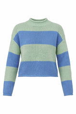 Womens Striped Blue Green Mock Neck Sweater|CicyBell
