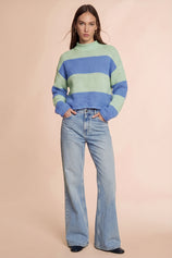Womens Striped Blue Green Mock Neck Sweater|CicyBell