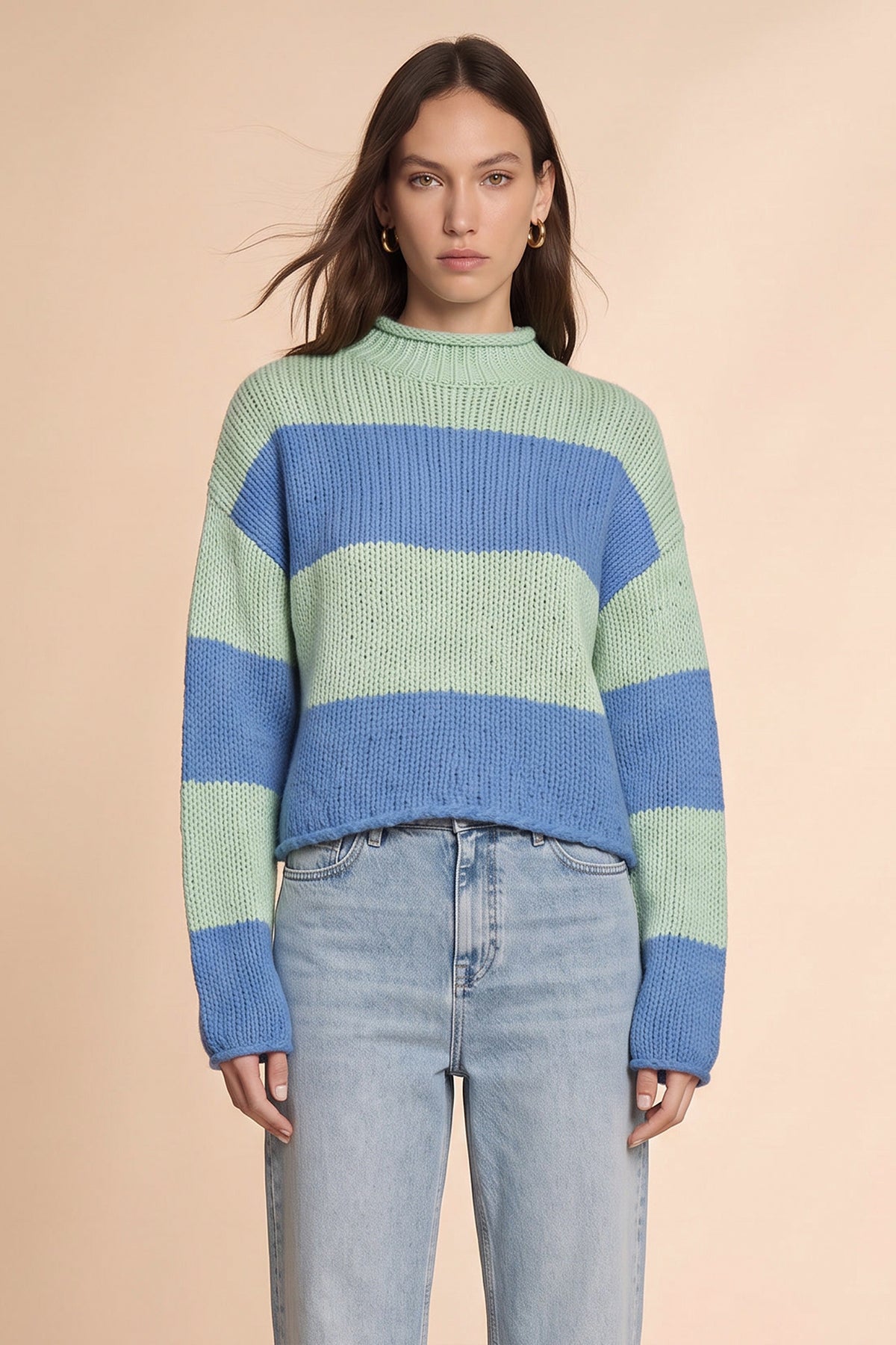 Womens Striped Blue Green Mock Neck Sweater|CicyBell