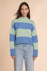 Womens Striped Blue Green Mock Neck Sweater|CicyBell
