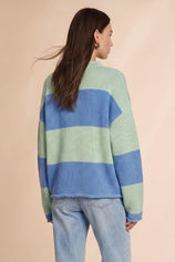 Womens Striped Blue Green Mock Neck Sweater|CicyBell