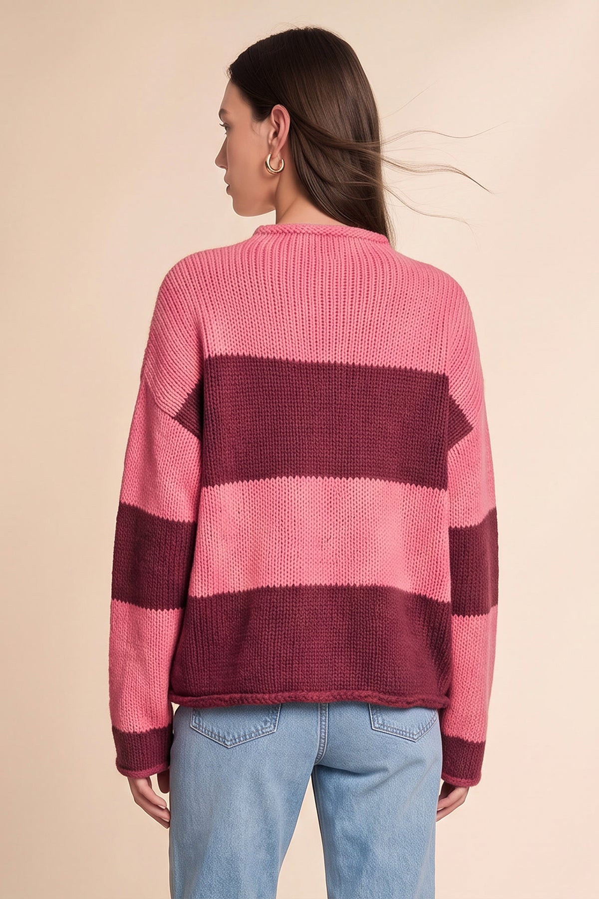 Womens Striped Burgundy Mock Neck Sweater | CicyBell
