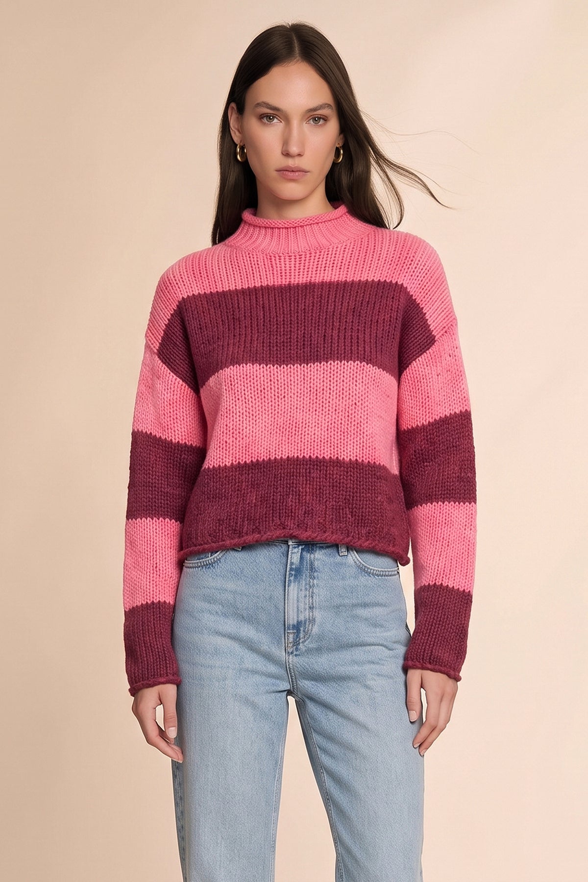 Womens Striped Burgundy Mock Neck Sweater | CicyBell