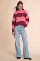 Womens Striped Burgundy Mock Neck Sweater | CicyBell