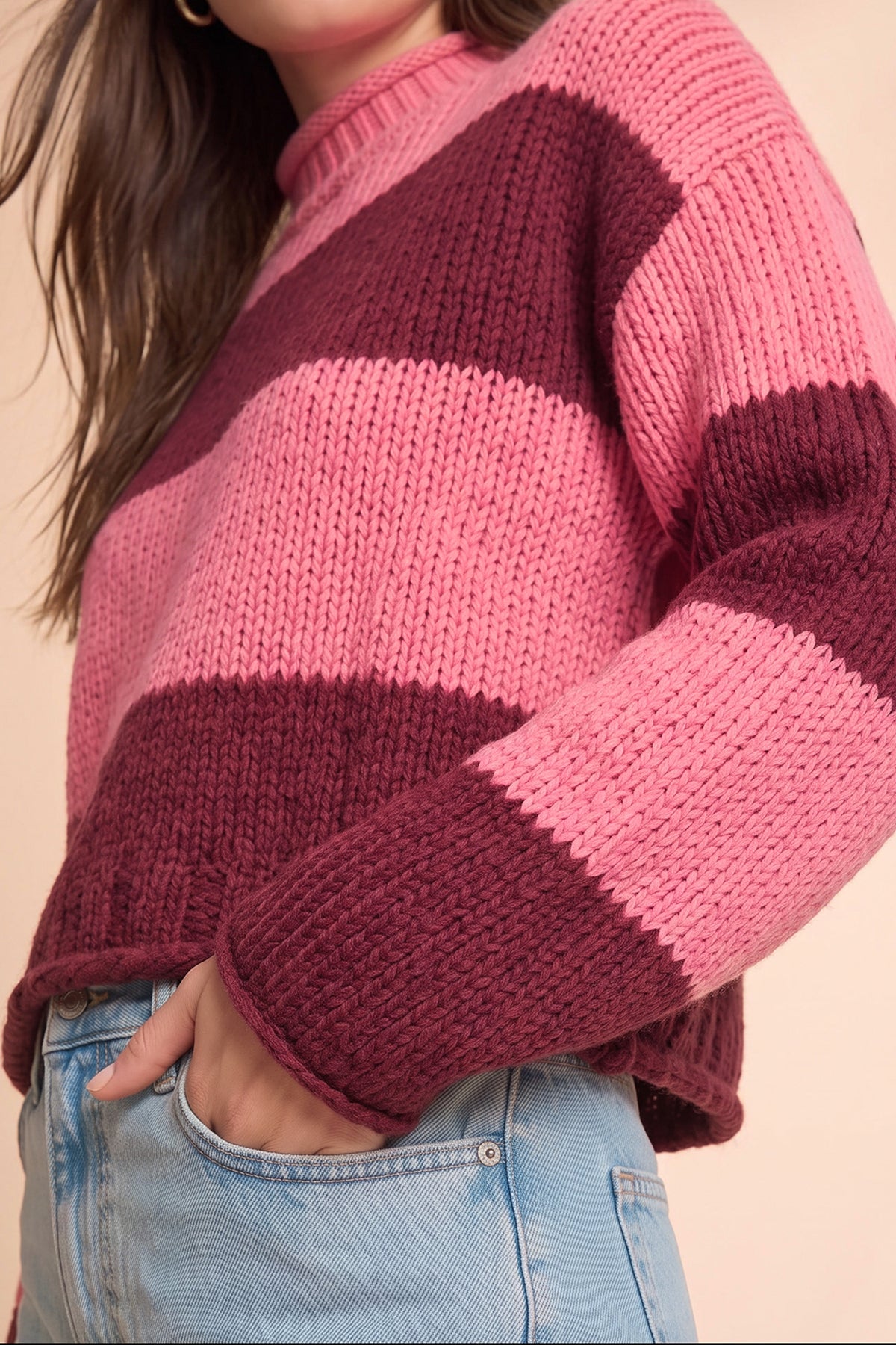 Womens Striped Burgundy Mock Neck Sweater | CicyBell