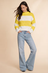 Womens Striped Yellow Mock Neck Sweater | CicyBell