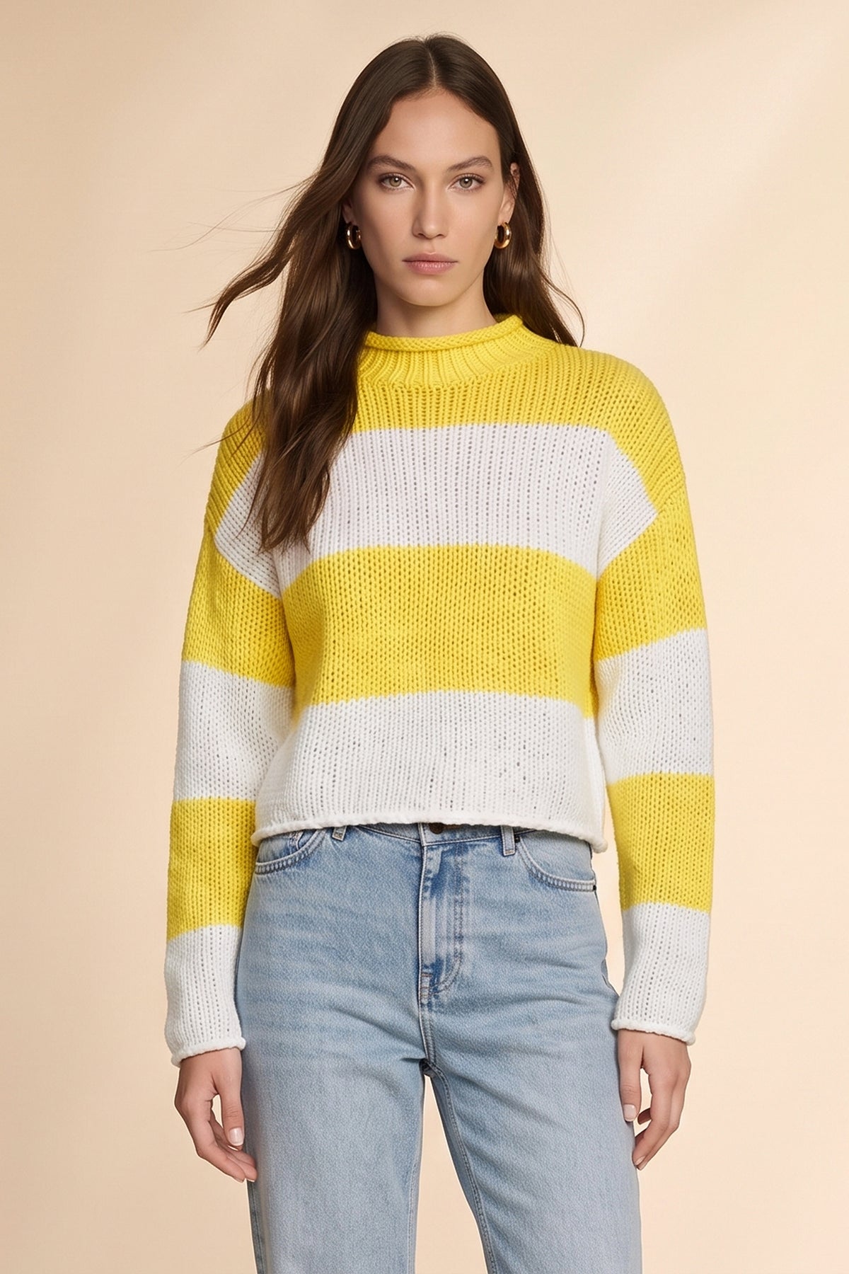 Womens Striped Yellow Mock Neck Sweater | CicyBell