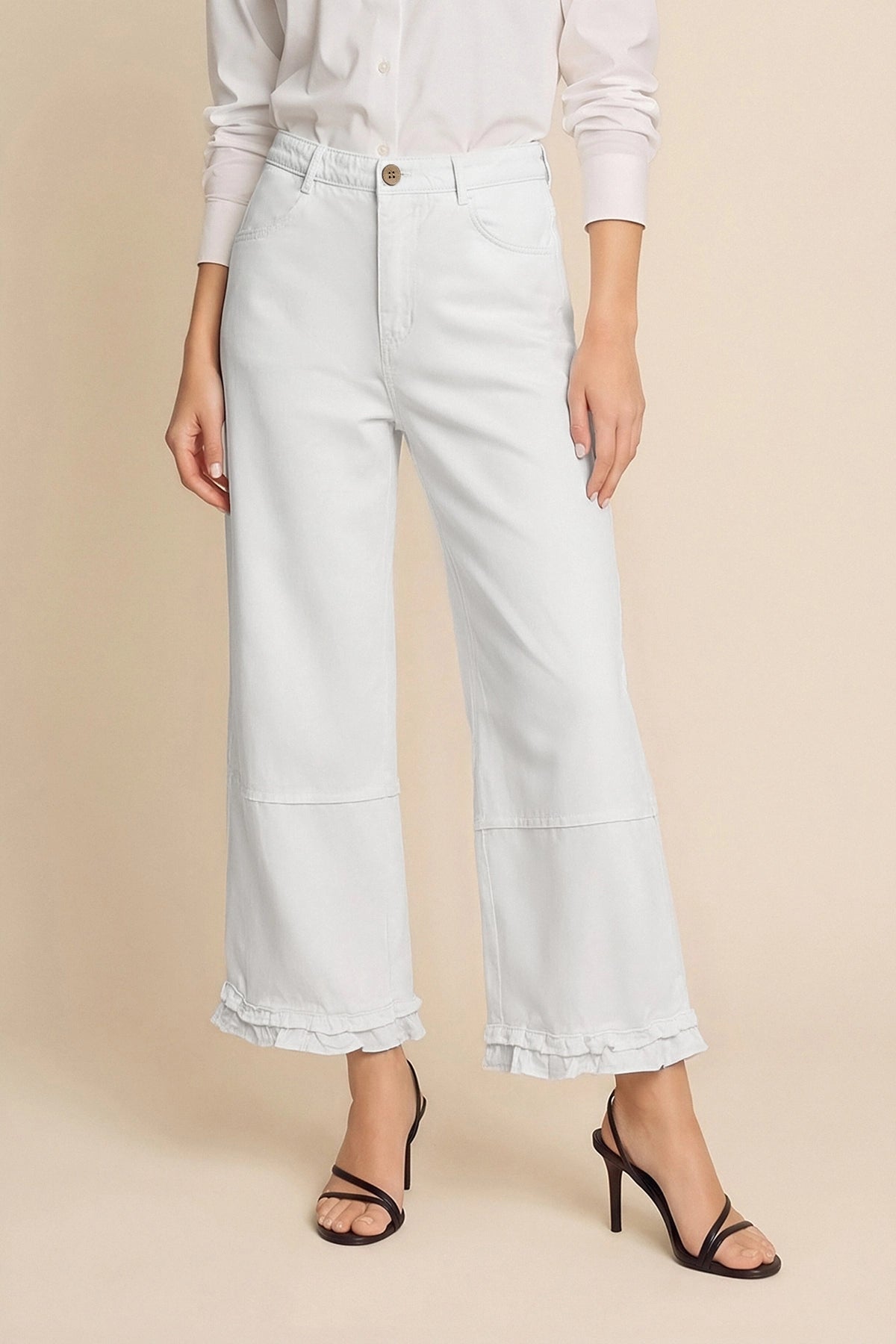 Womens White Ruffle Wide Leg Jeans | CicyBell