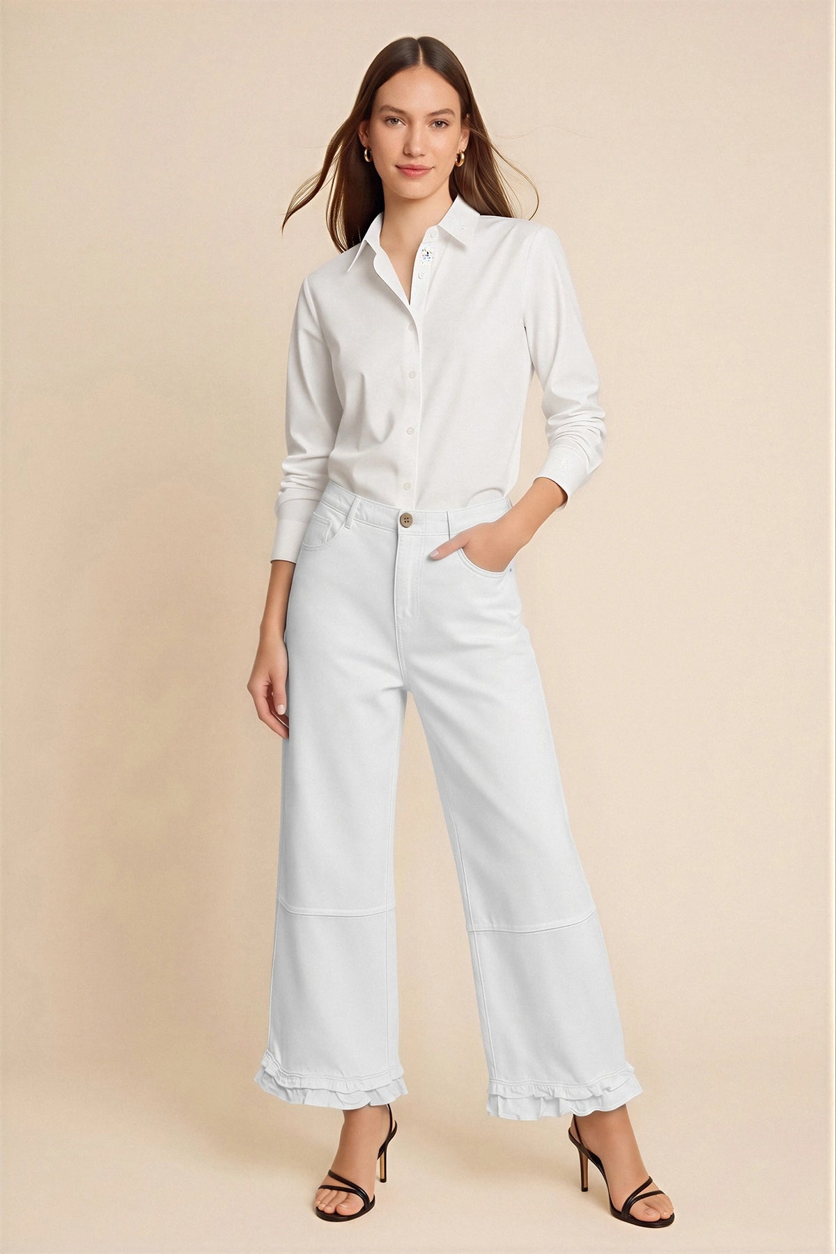 Womens White Ruffle Wide Leg Jeans | CicyBell