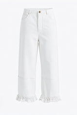 Womens White Ruffle Wide Leg Jeans | CicyBell
