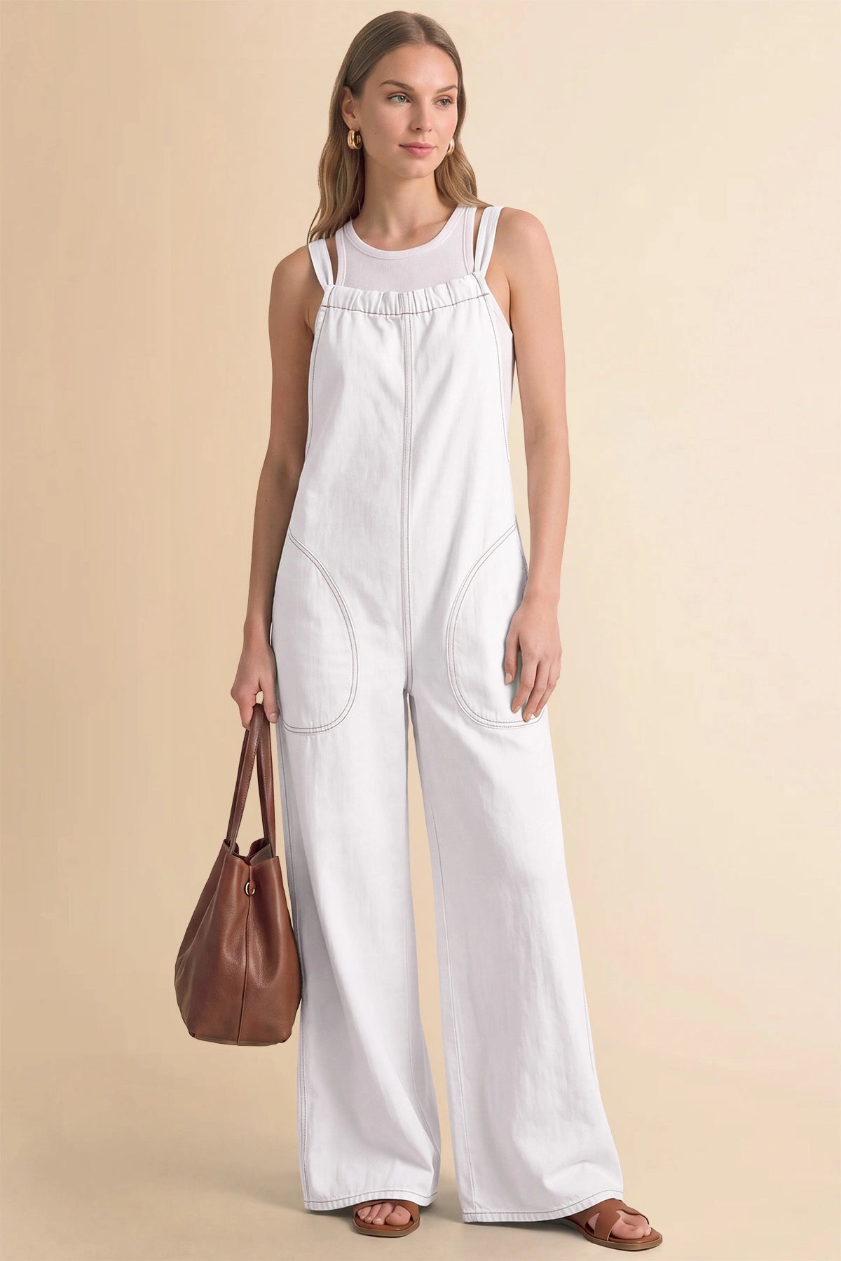 Womens White Wide Leg Denim Overall | CicyBell