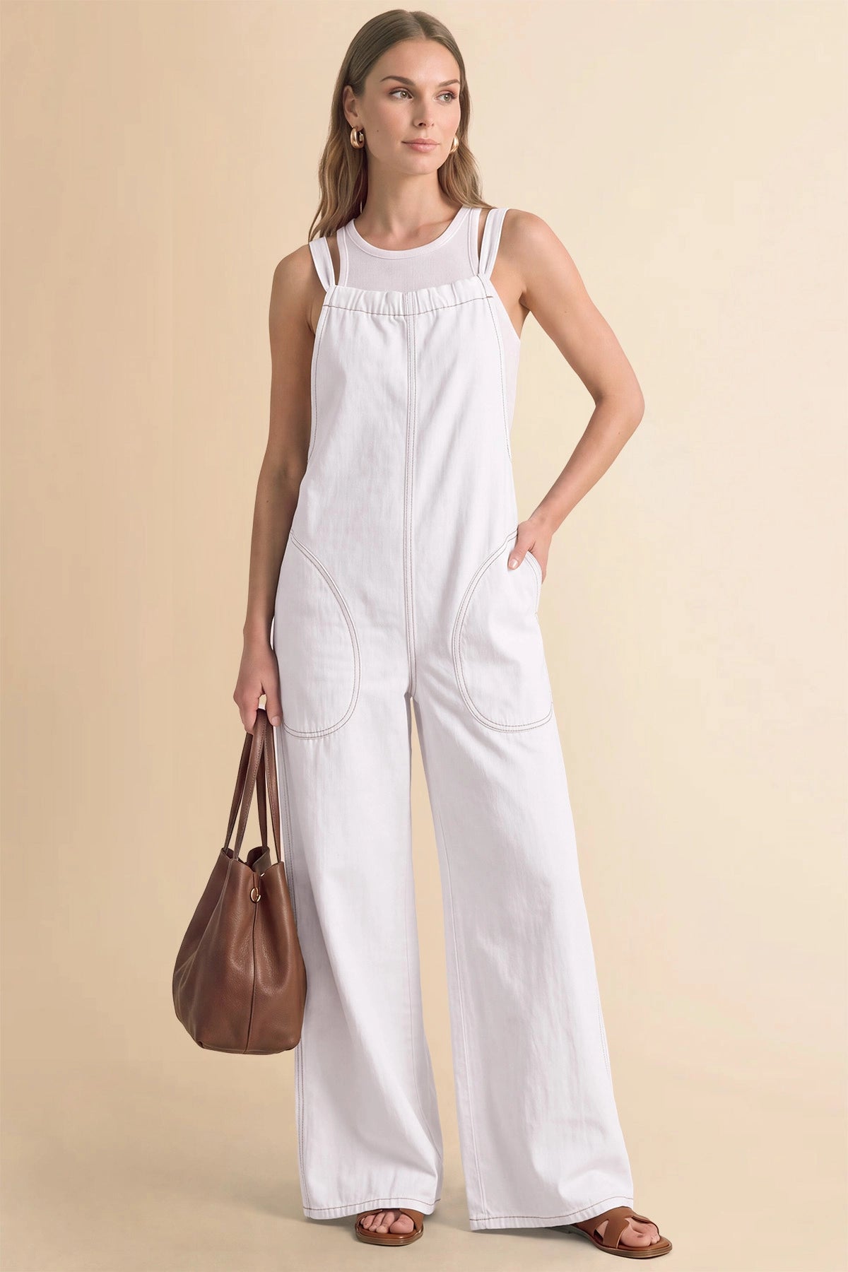 Womens White Wide Leg Denim Overall | CicyBell